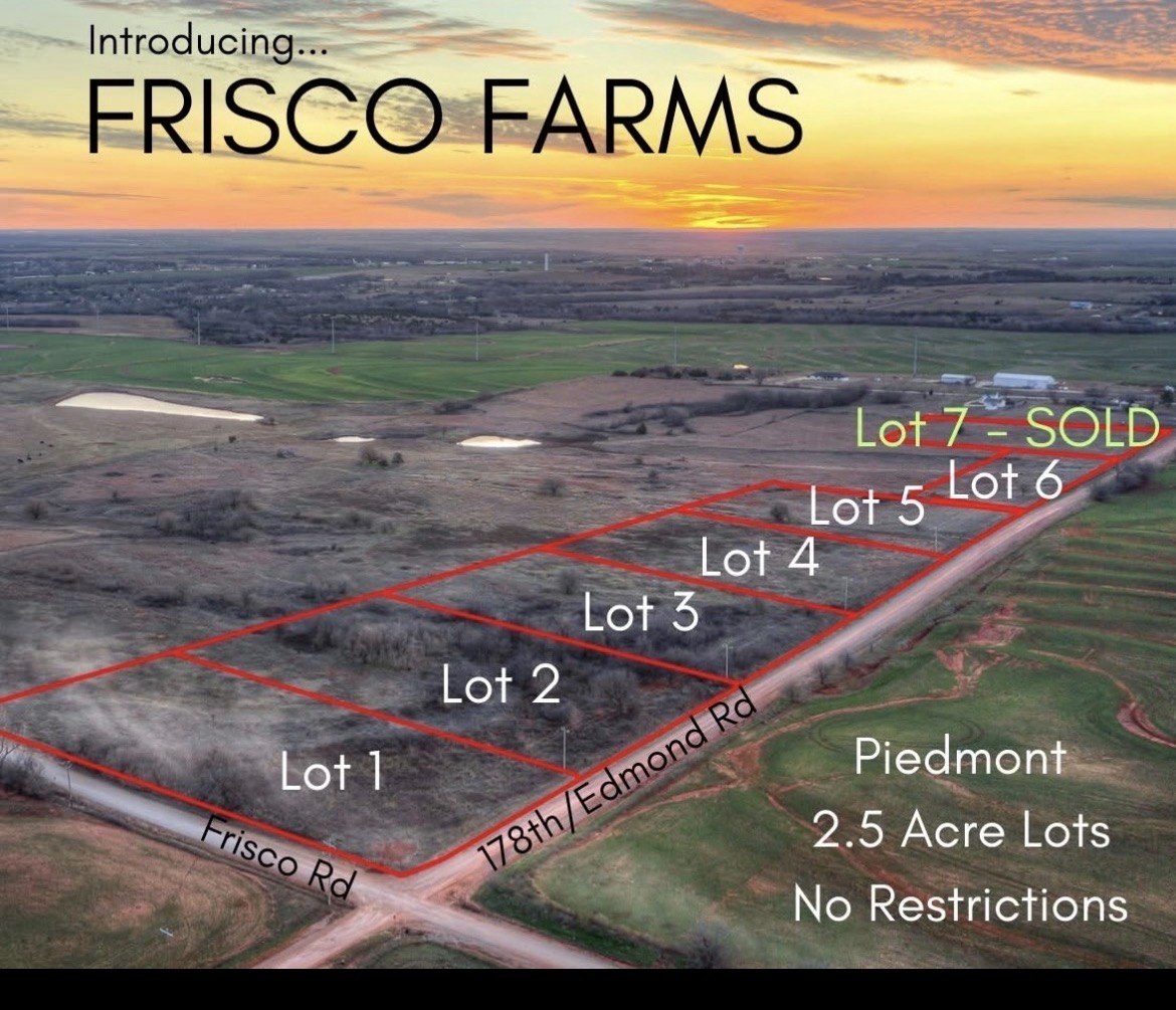 Frisco Farms lot map — seven 2.5-acre lots in Piedmont, Oklahoma, at Frisco Rd and 178th/Edmond Rd