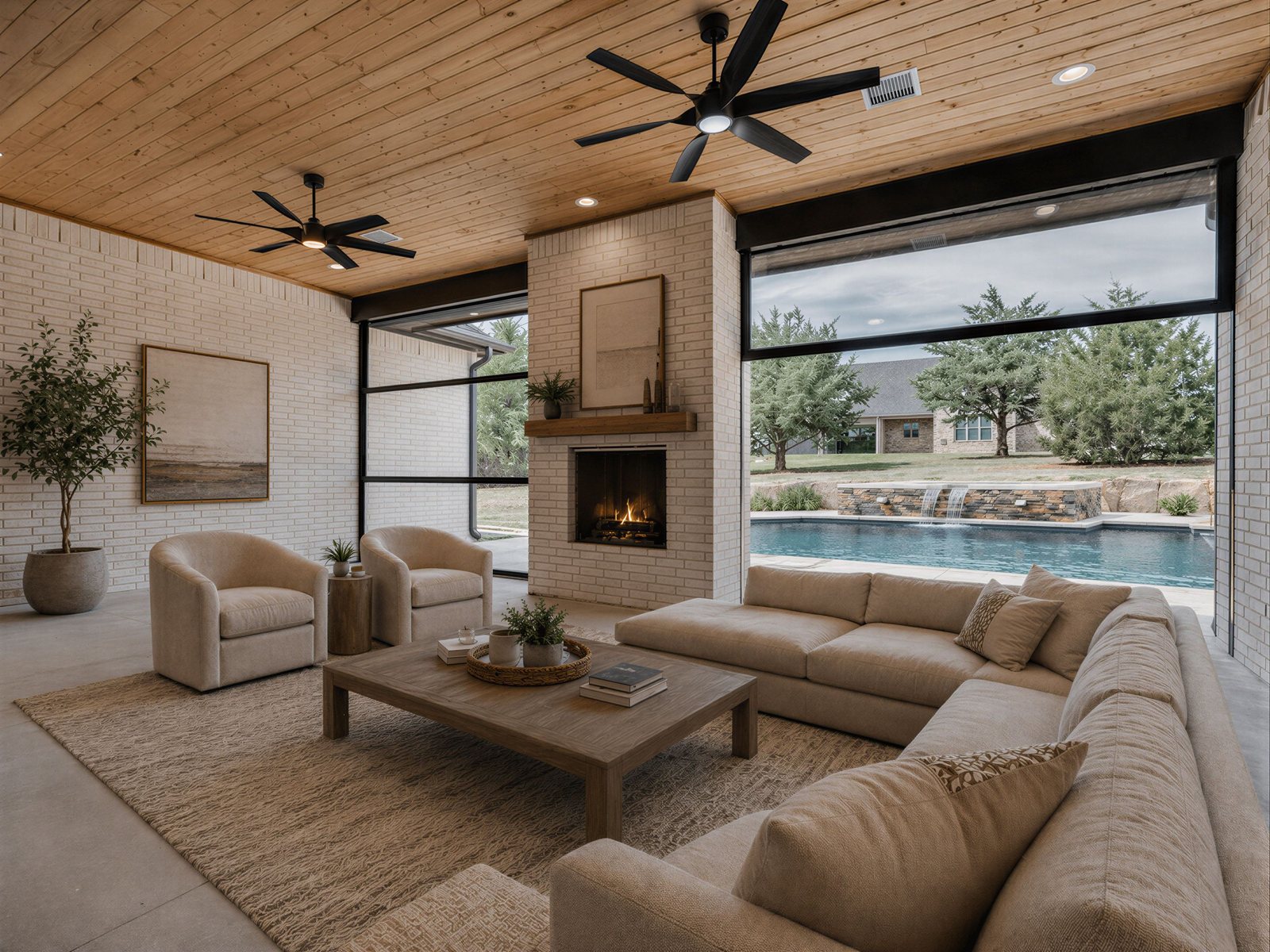 Screened outdoor living room with fireplace overlooking the pool
